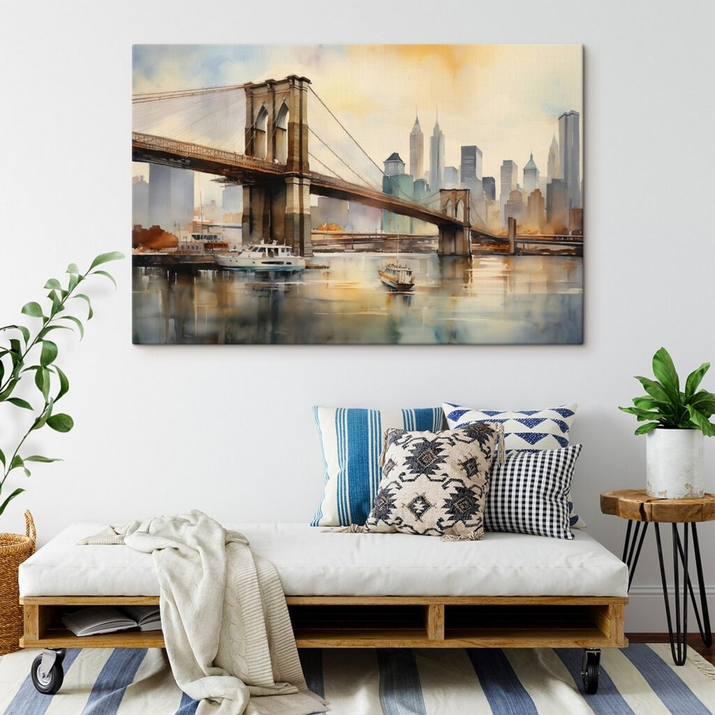 Watercolor of a bridge and a city Watercolor of a bridge and a city