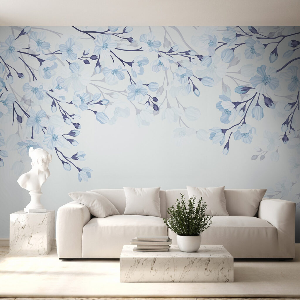 White and blue flowers on a white background White and blue flowers on a white background