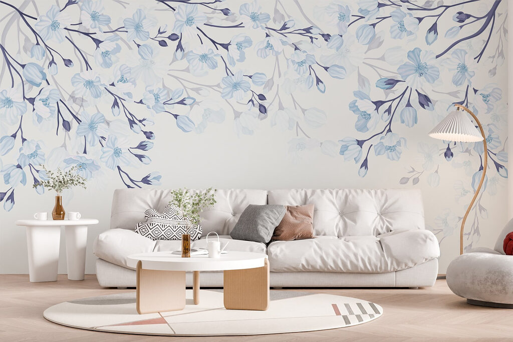 White and blue flowers on a white background White and blue flowers on a white background