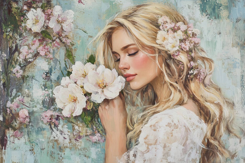 Painting of a woman smelling flowers