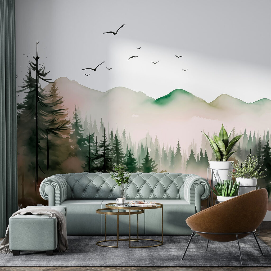 Watercolor painting of a forest and mountains Watercolor painting of a forest and mountains