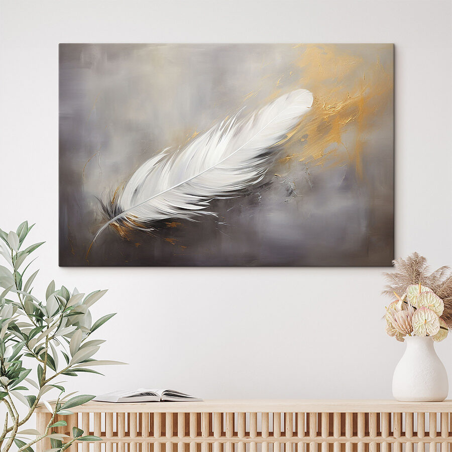 White feather on a grey background White feather on a grey background