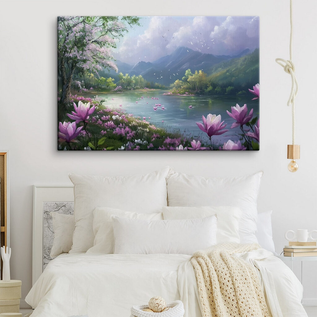 River with flowers and mountains in the background River with flowers and mountains in the background