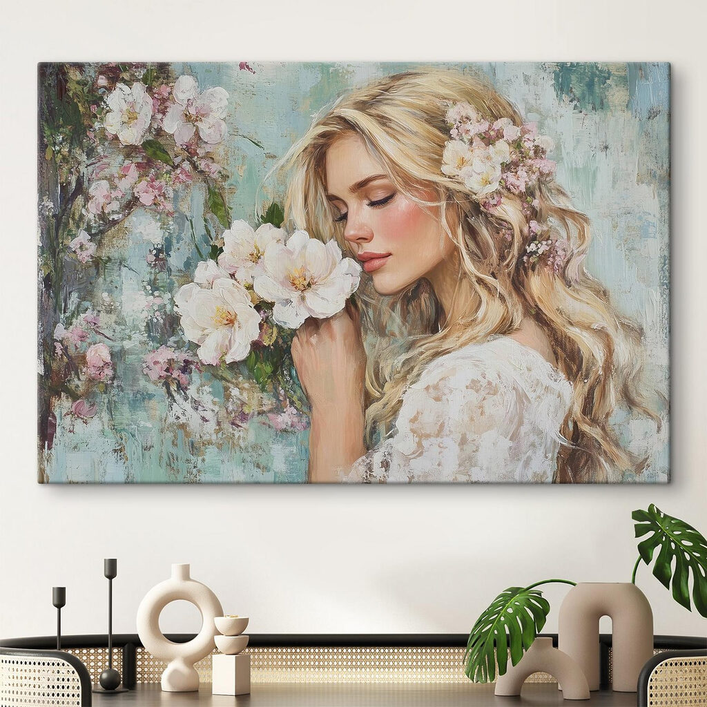 Painting of a woman smelling flowers