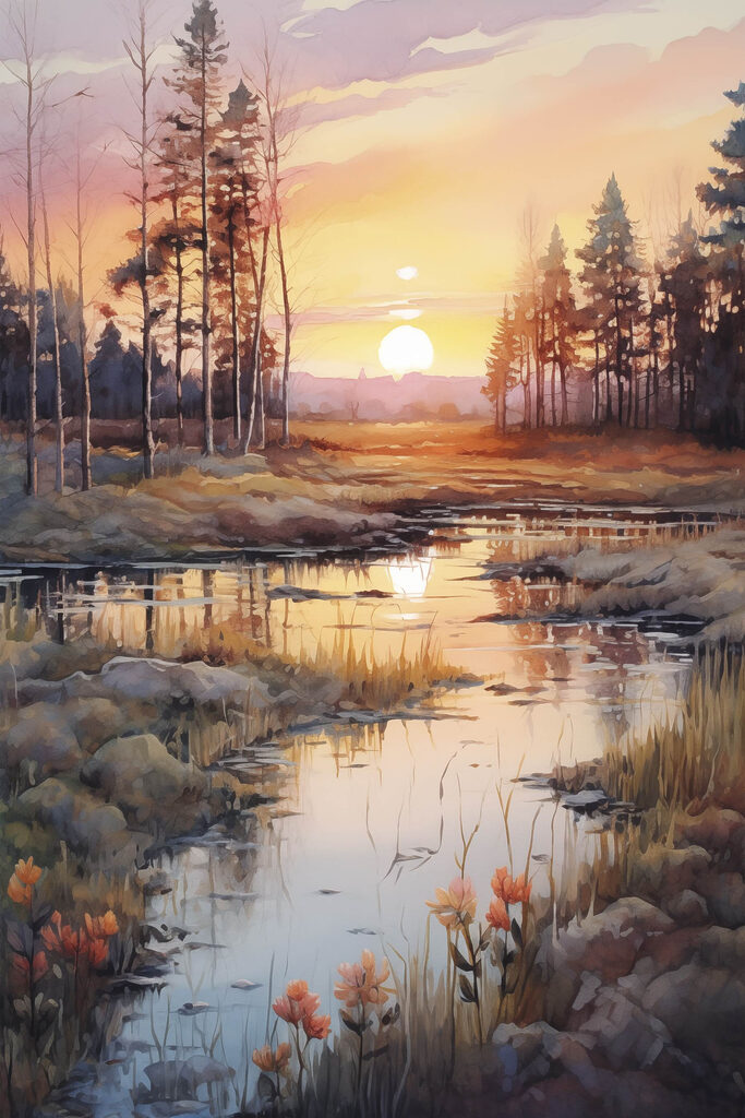 Watercolor painting of a river with trees and a sunset