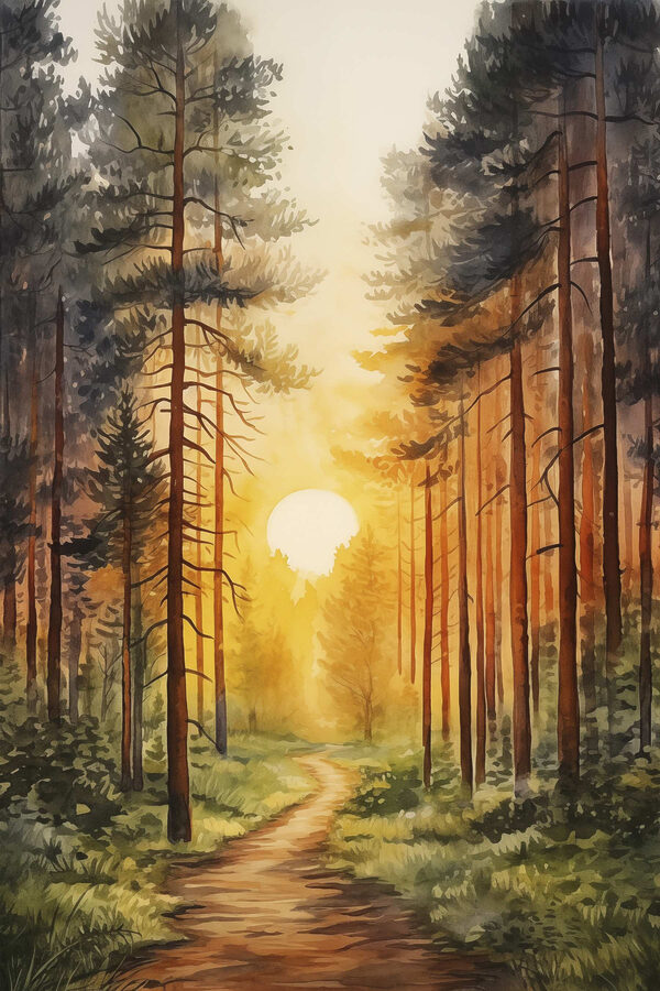 Painting of a forest with a path and trees Painting of a forest with a path and trees