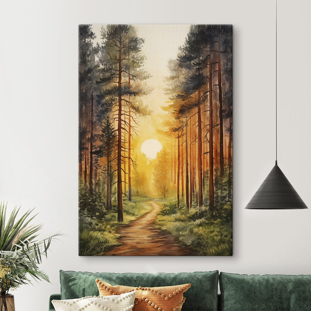 Painting of a forest with a path and trees Painting of a forest with a path and trees