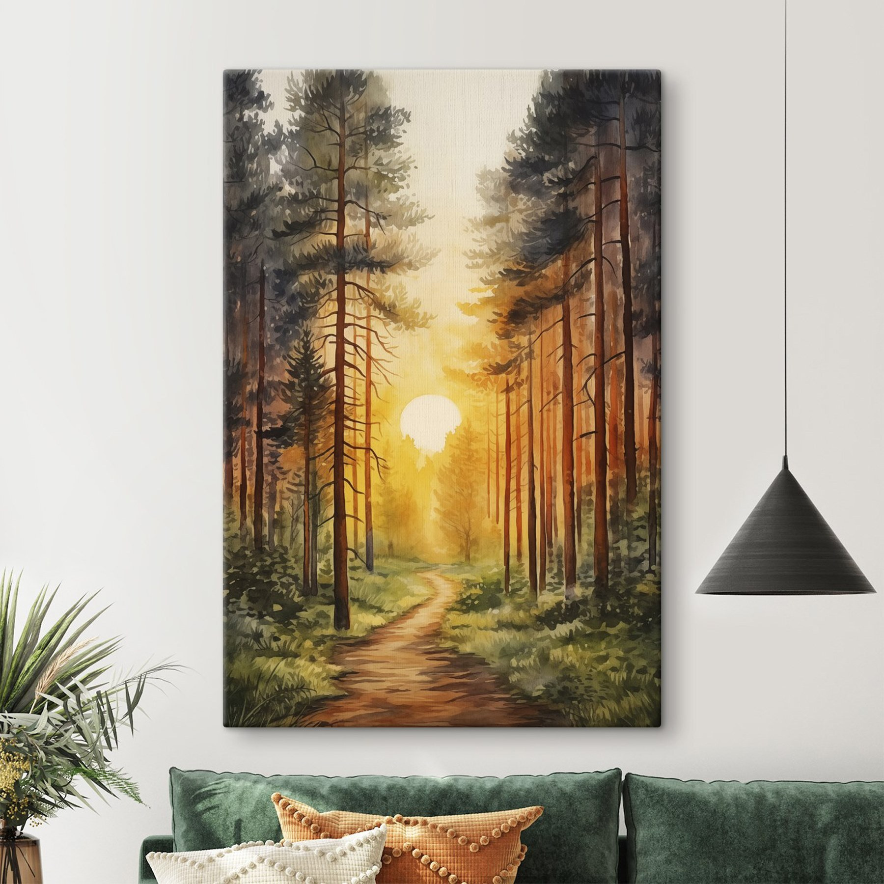 Painting of a forest with a path and trees Painting of a forest with a path and trees