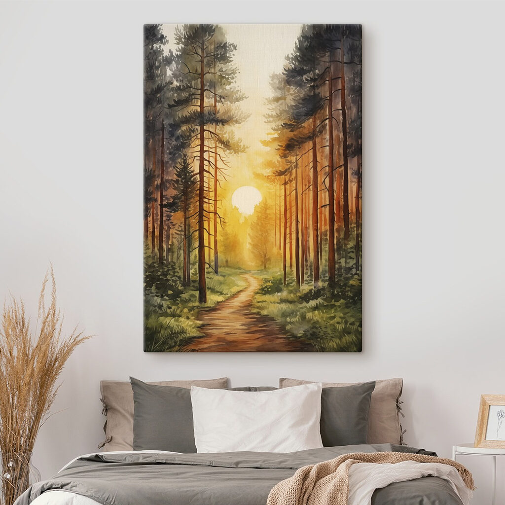 Painting of a forest with a path and trees Painting of a forest with a path and trees