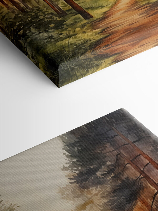 Painting of a forest with a path and trees Painting of a forest with a path and trees