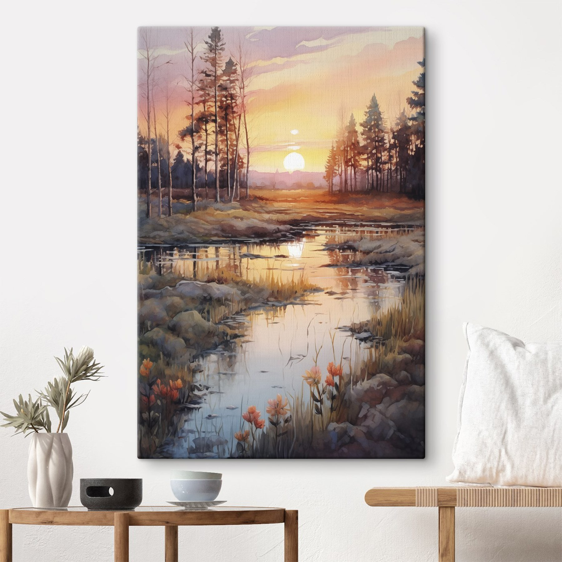 Watercolor painting of a river with trees and a sunset
