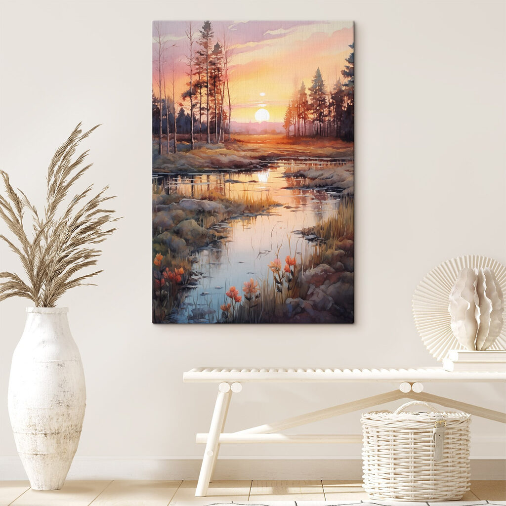 Watercolor painting of a river with trees and a sunset