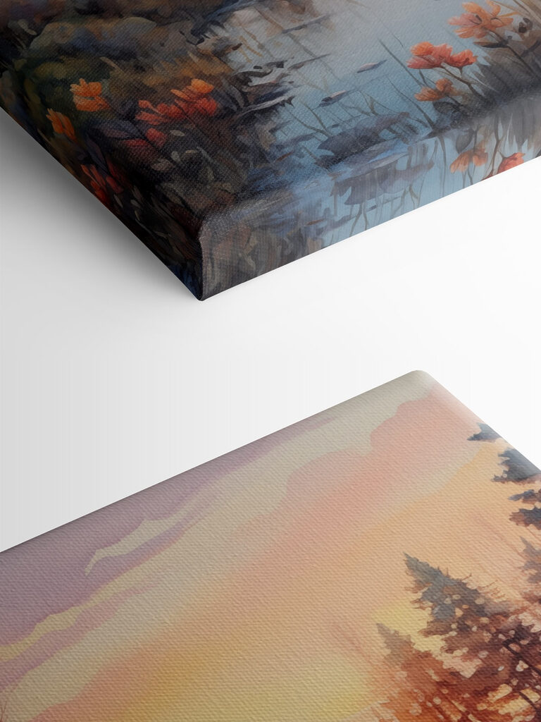 Watercolor painting of a river with trees and a sunset