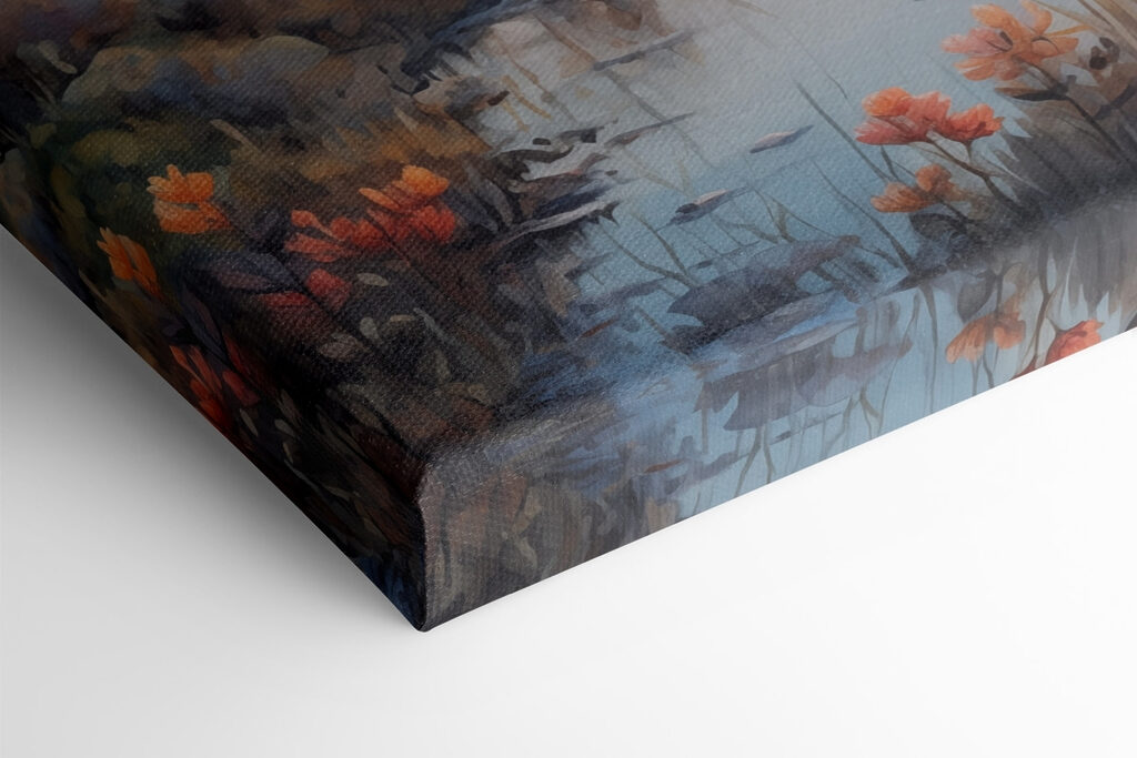 Watercolor painting of a river with trees and a sunset