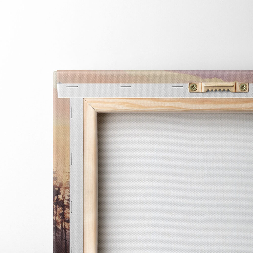 Watercolor painting of a river with trees and a sunset