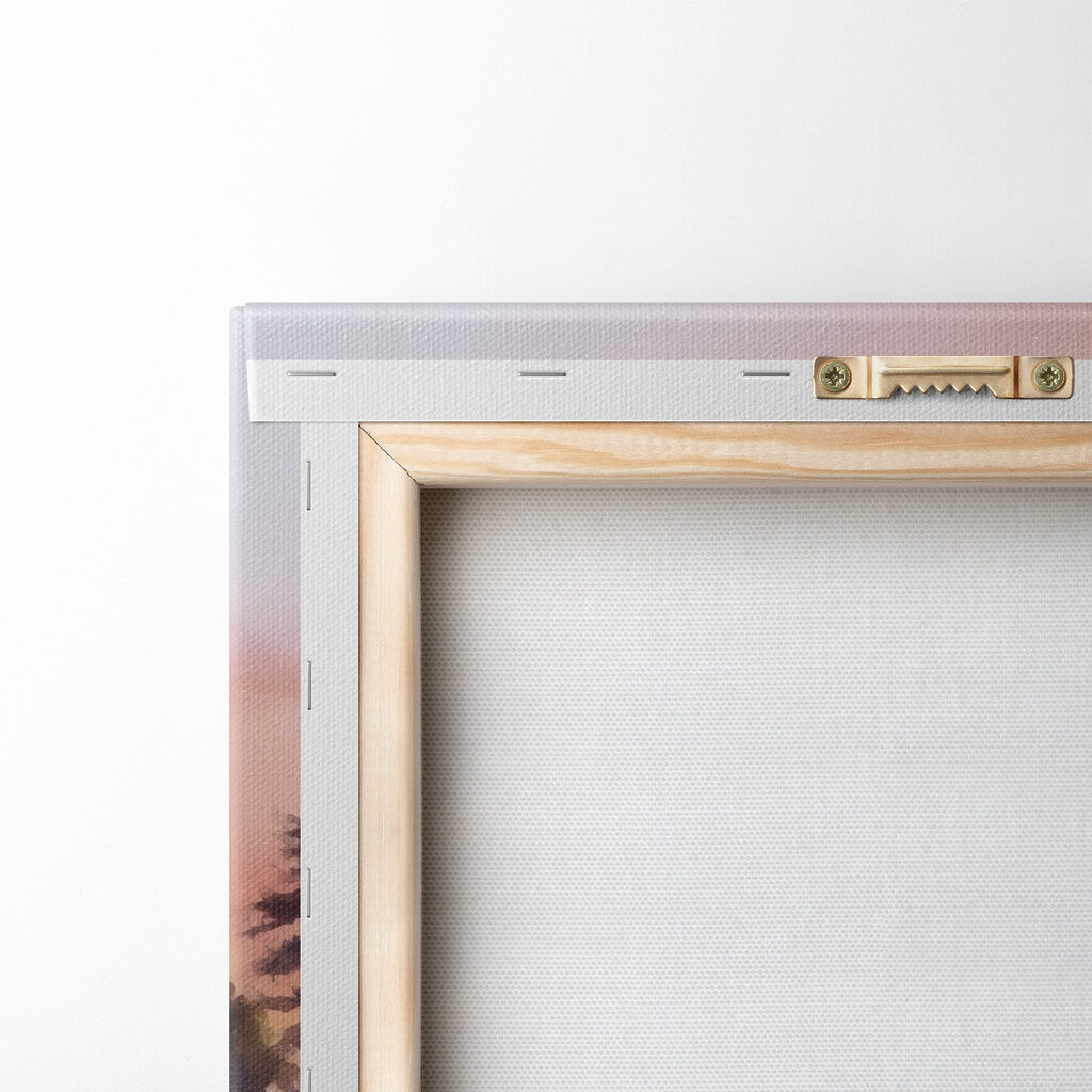 Watercolor painting of a lake with trees and grass