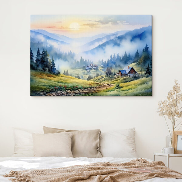 Painting of a village in the mountains Painting of a village in the mountains