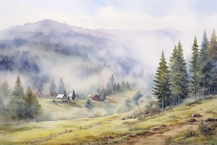 Картина Акварельний малюнок села в горах - Зображення 13