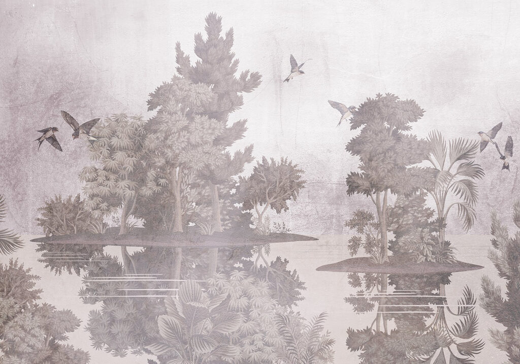 Birds flying over trees