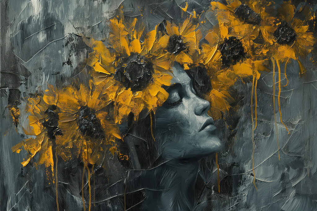Painting of a woman with yellow flowers Painting of a woman with yellow flowers