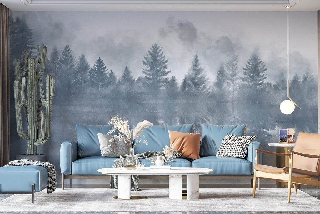 Foggy forest with trees reflected in water