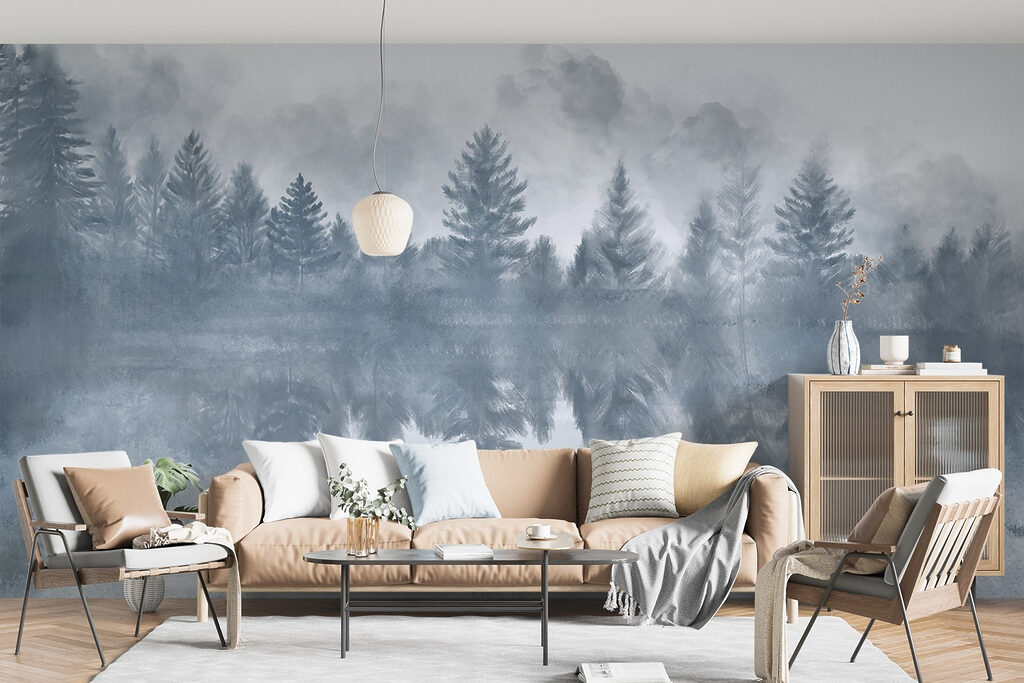 Foggy forest with trees reflected in water