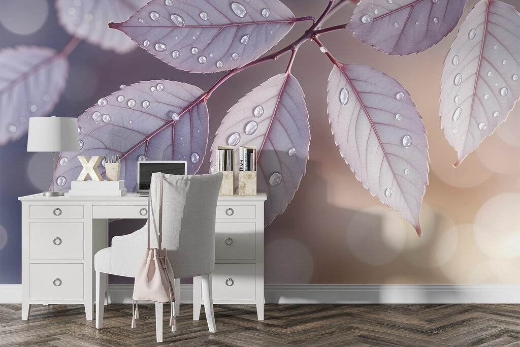 Delicate leaves with dewdrops resting