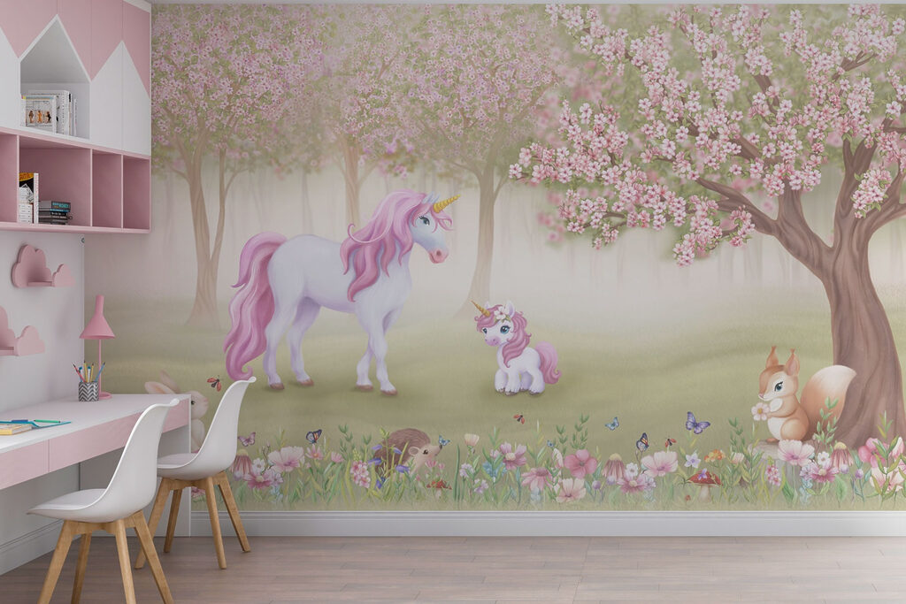 Unicorn and a squirrel in a forest