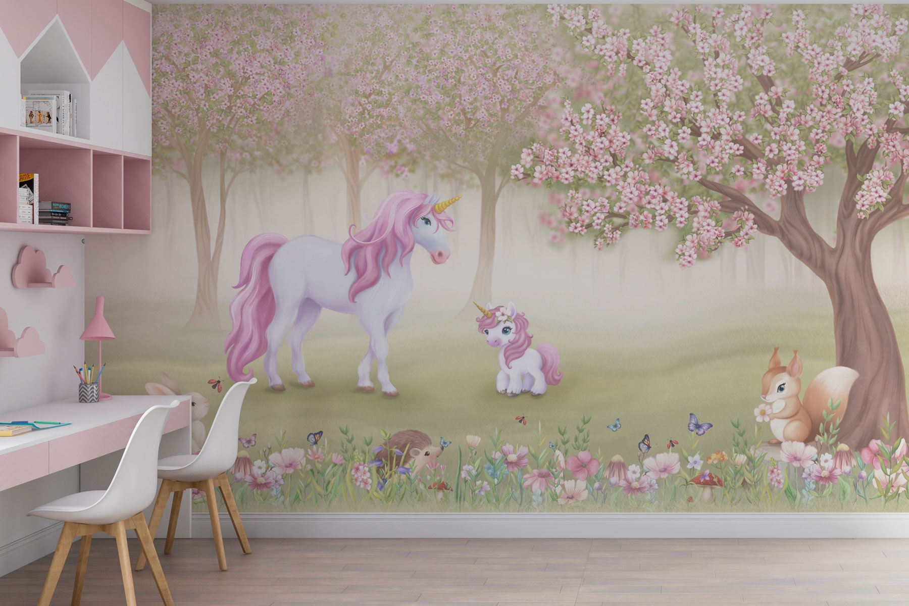 Unicorn and a squirrel in a forest