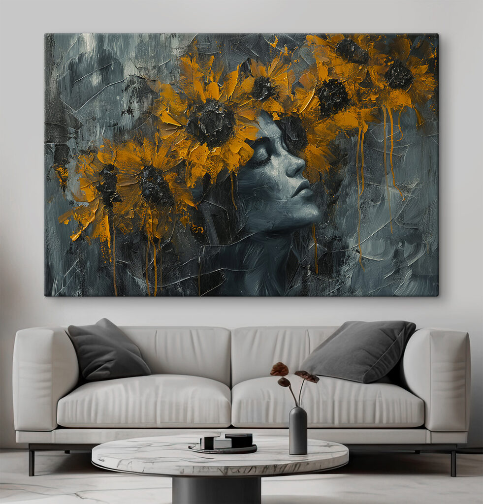 Painting of a woman with yellow flowers Painting of a woman with yellow flowers