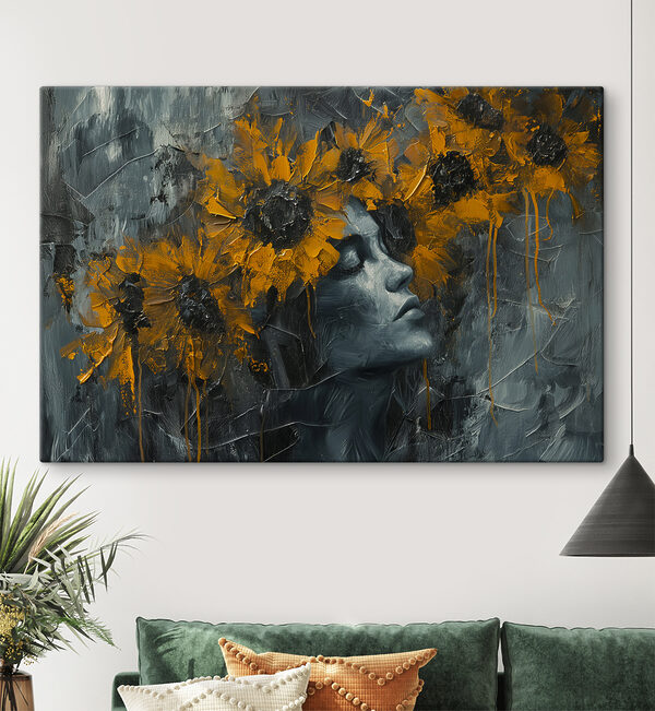 Painting of a woman with yellow flowers Painting of a woman with yellow flowers