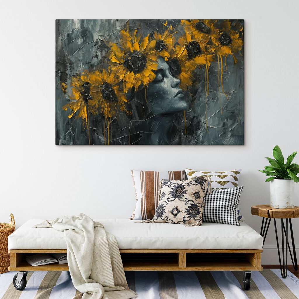 Painting of a woman with yellow flowers Painting of a woman with yellow flowers