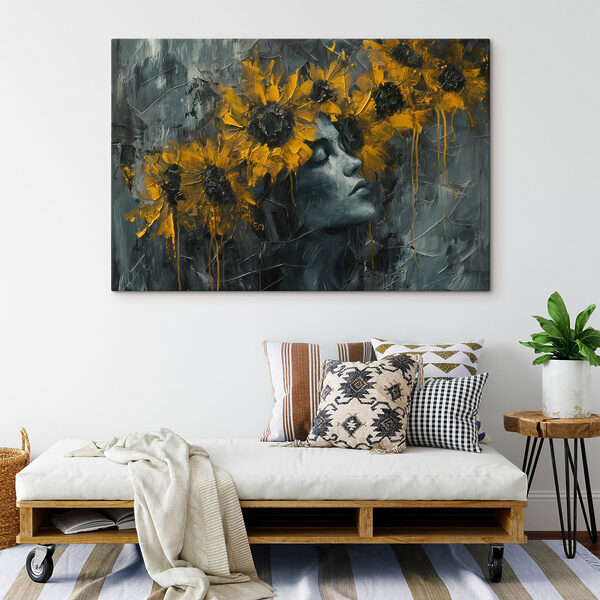 Painting of a woman with yellow flowers Painting of a woman with yellow flowers