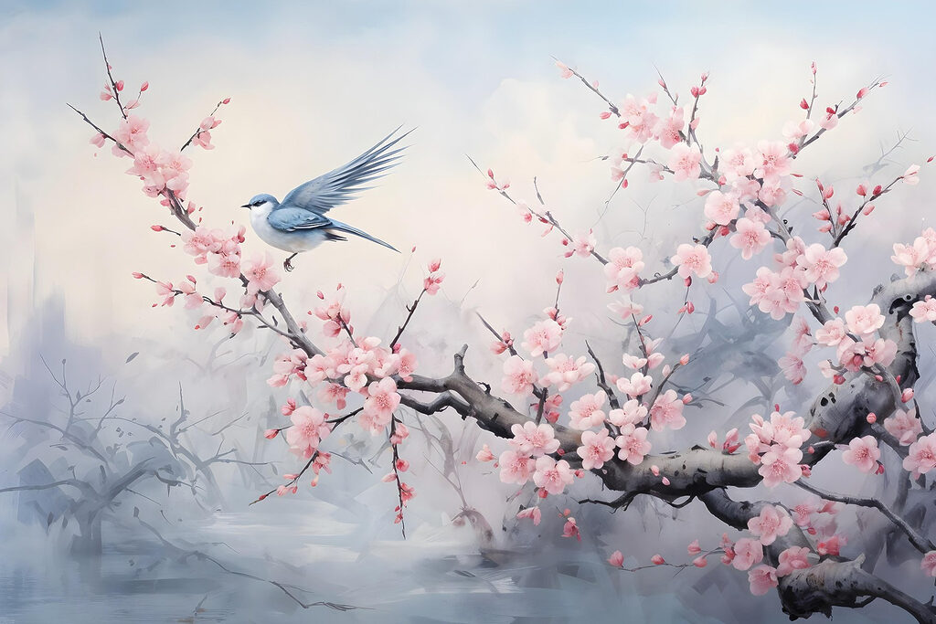 Bird on a branch with pink flowers Bird on a branch with pink flowers