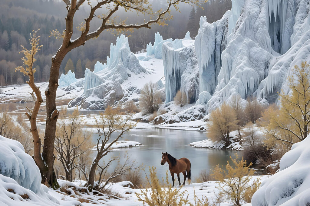 Horse standing in the snow next to a body of water