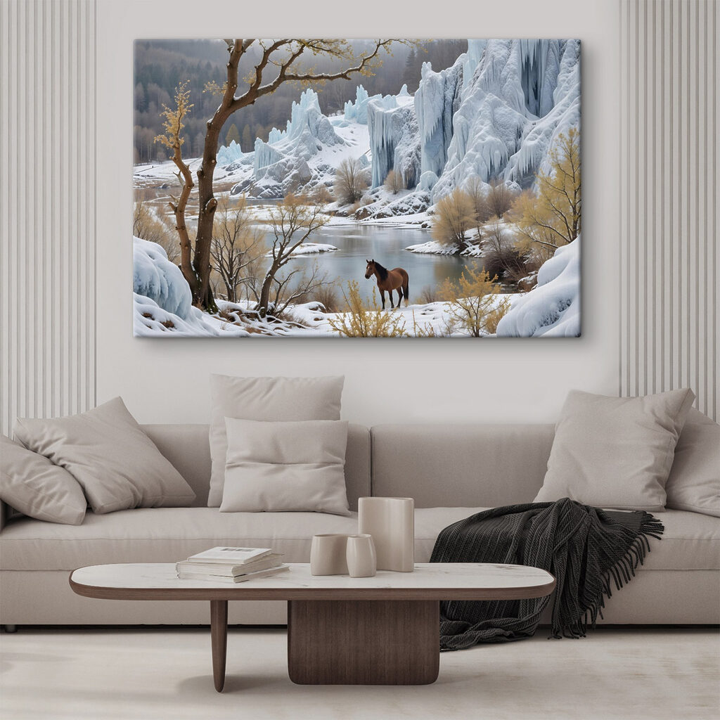 Horse standing in the snow next to a body of water