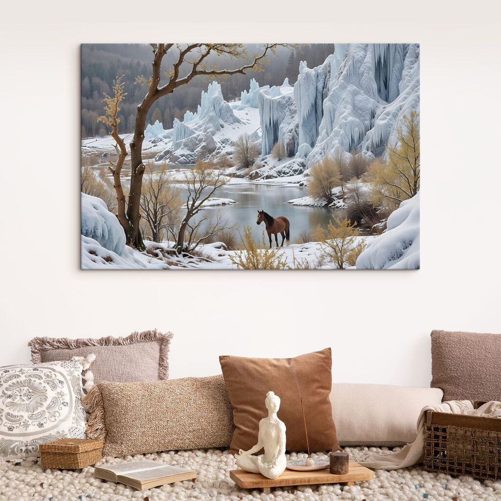 Horse standing in the snow next to a body of water