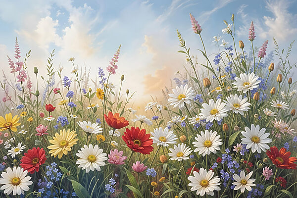 Field of flowers with blue sky and clouds Field of flowers with blue sky and clouds