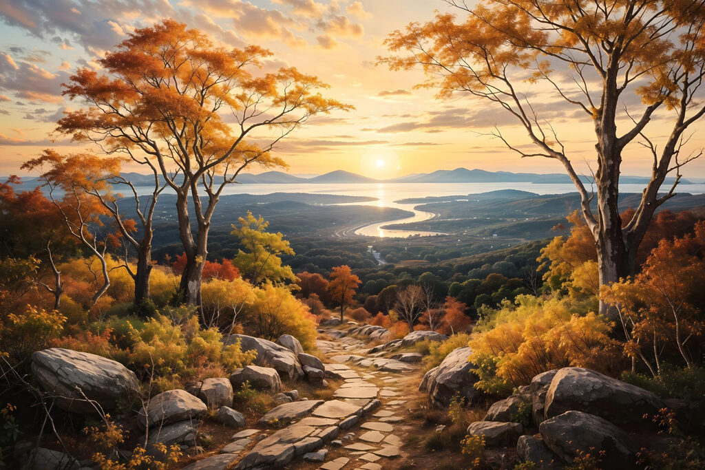 Path through a valley with trees and a river Path through a valley with trees and a river