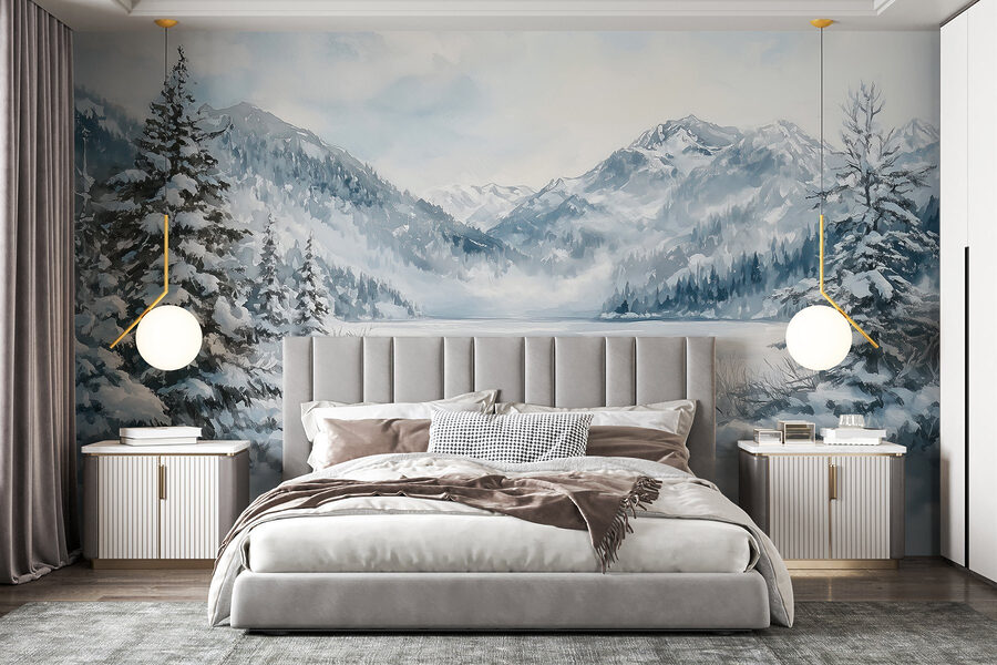 Snowy landscape with trees and mountains Snowy landscape with trees and mountains