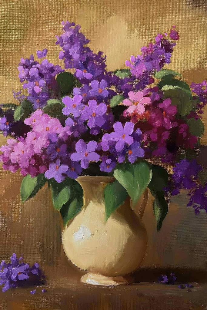Painting of purple flowers in a vase Painting of purple flowers in a vase
