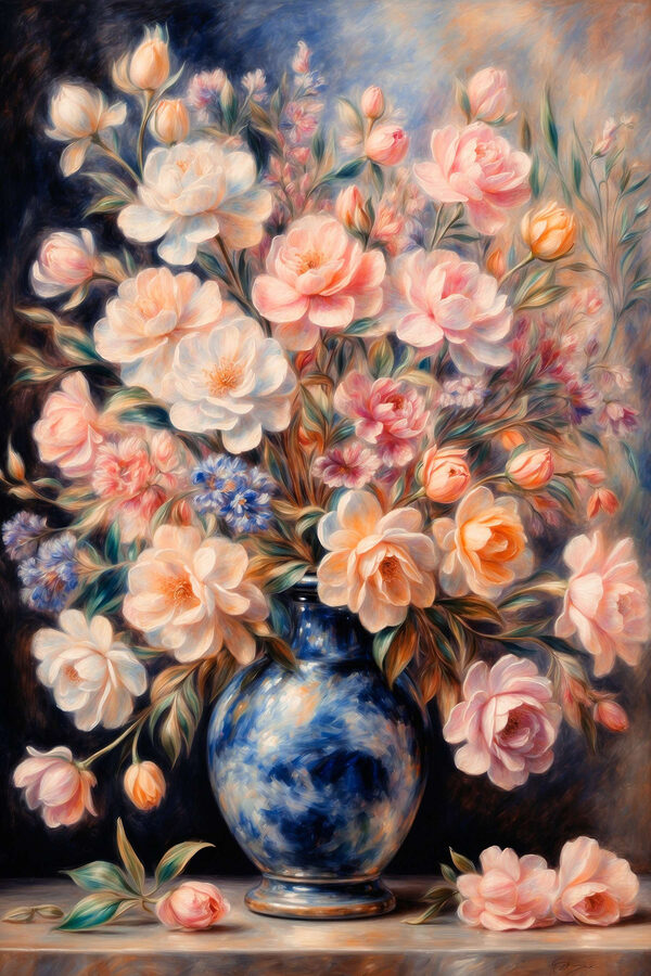 Painting of flowers in a blue vase Painting of flowers in a blue vase