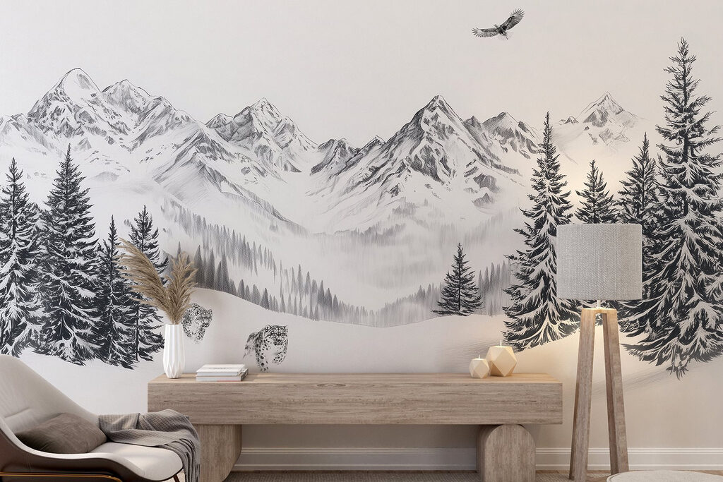 Snowy mountain landscape with trees and a bird flying over it Snowy mountain landscape with trees and a bird flying over it