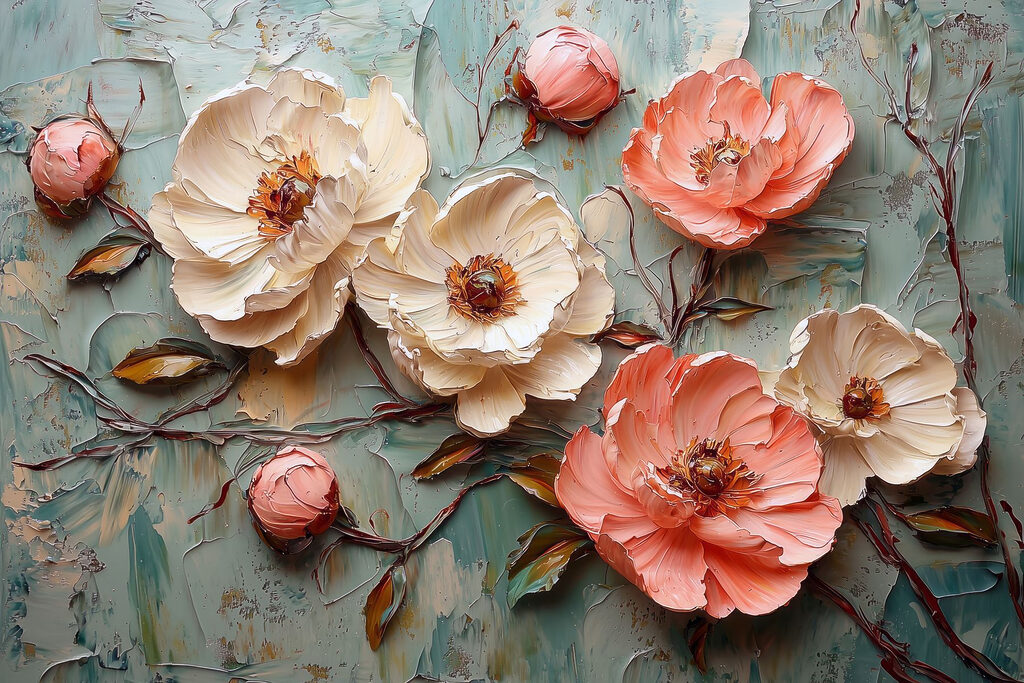 Painting of flowers on a blue surface