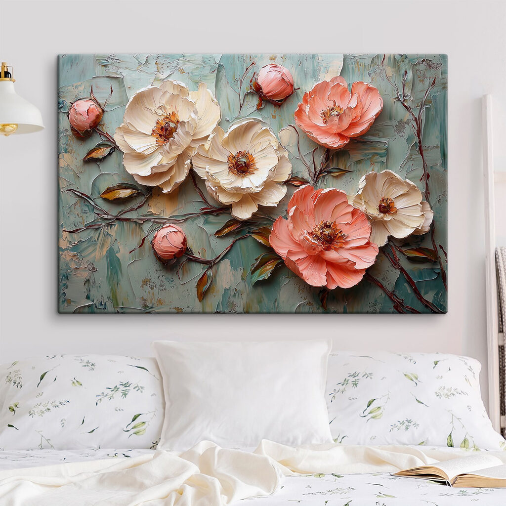 Painting of flowers on a blue surface