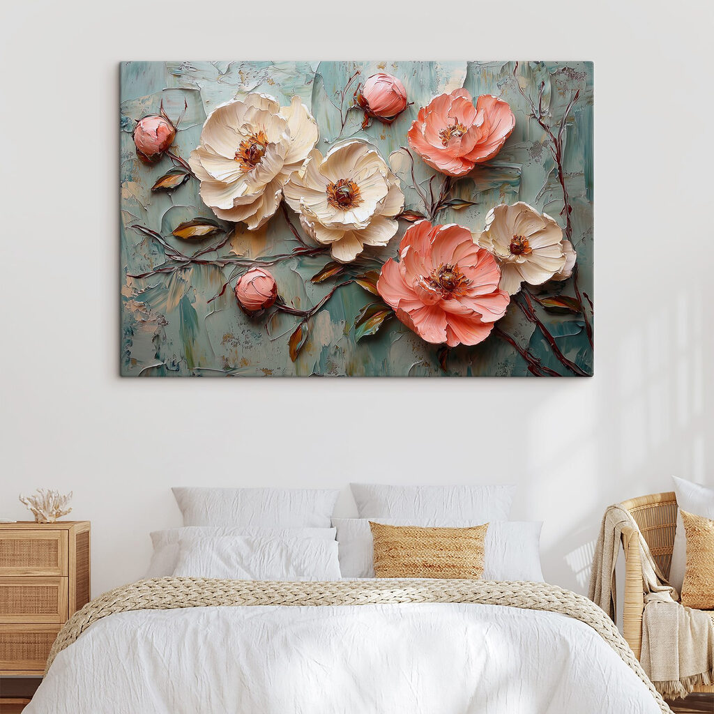 Painting of flowers on a blue surface