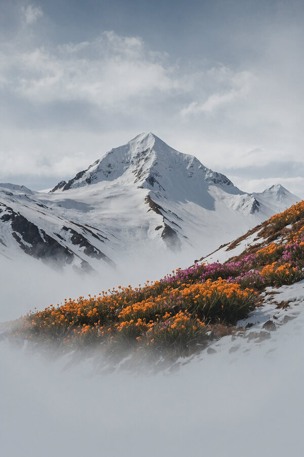 Mountain with snow and flowers Mountain with snow and flowers