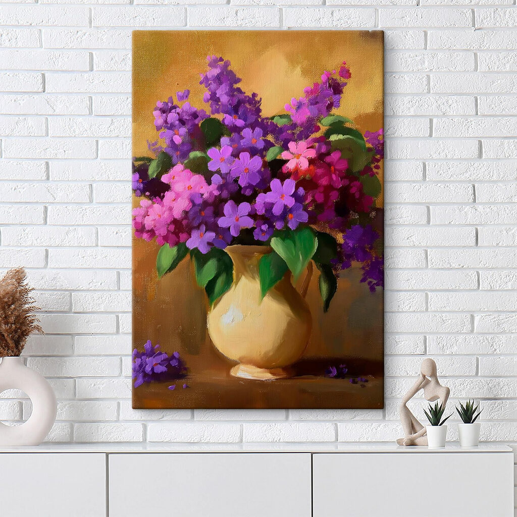 Painting of purple flowers in a vase Painting of purple flowers in a vase