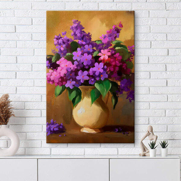 Painting of purple flowers in a vase Painting of purple flowers in a vase
