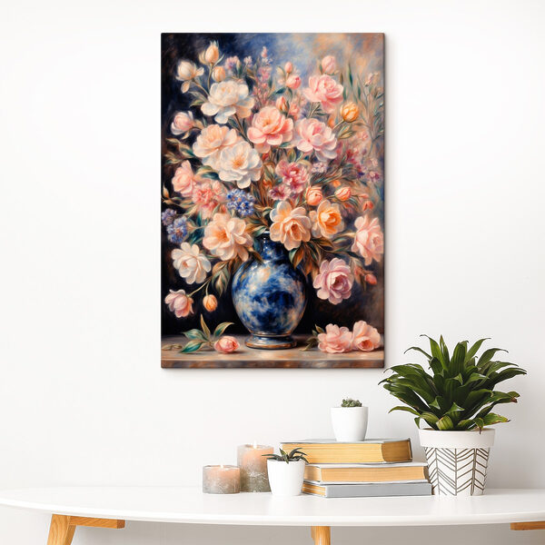 Painting of flowers in a blue vase Painting of flowers in a blue vase